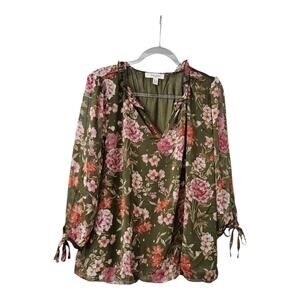 Haver & Blair London Womens XL Blouse Bubble Hem Sheer Overlay Floral Split Neck